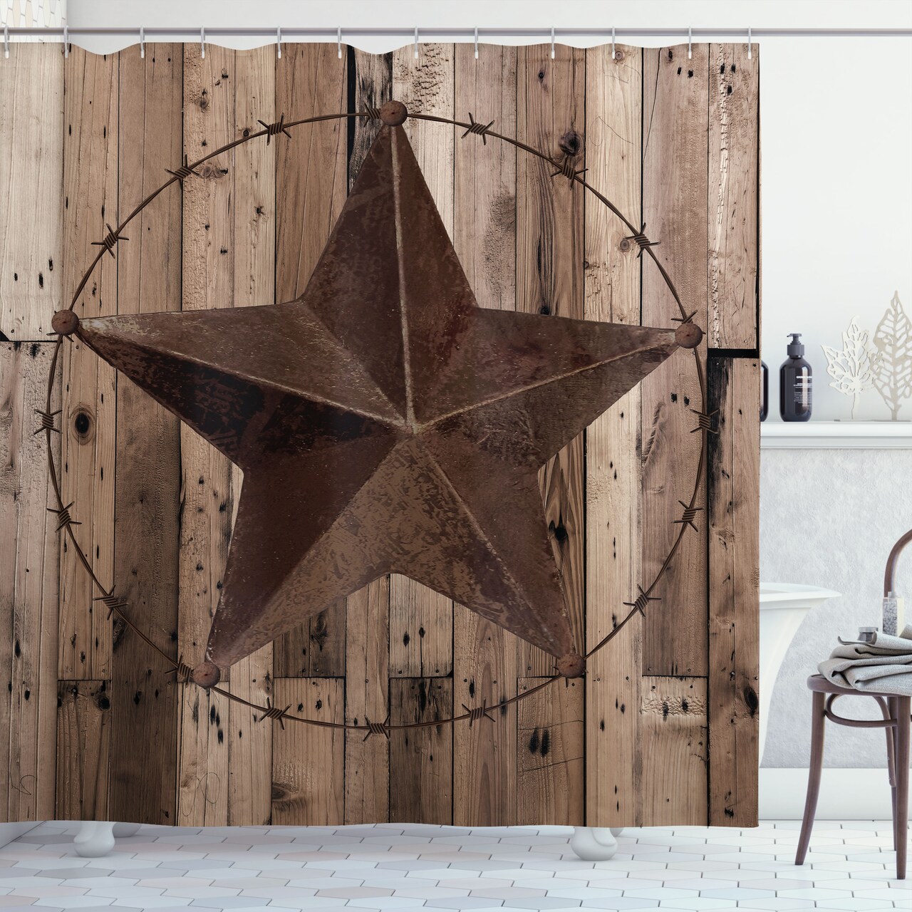 Ambesonne Rustic Shower Curtain, Wooden Background Pattern with a Weathered Star Figure Image, Cloth Fabric Bathroom Decor Set with Hooks, 69" W x 70" L, Brown Dark Grey